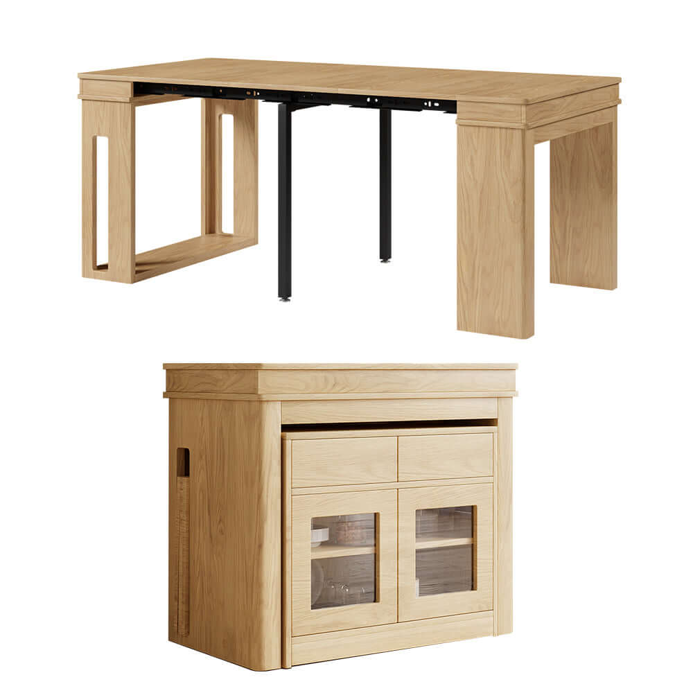 Contemporary walnut and gray dining set with extendable table, 4 chairs, and stylish storage sideboard