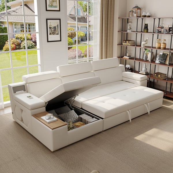 131 inch sleeper sectional storage sofa with pull out bed and headrest