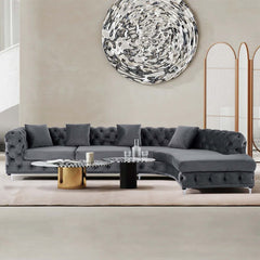 Comfortable LShaped curved sectional sofa in elegant gray velvet fabric