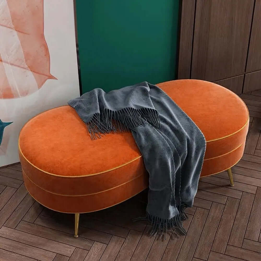 Modern orange velvet bench with gold legs in a contemporary design Hauptbild
