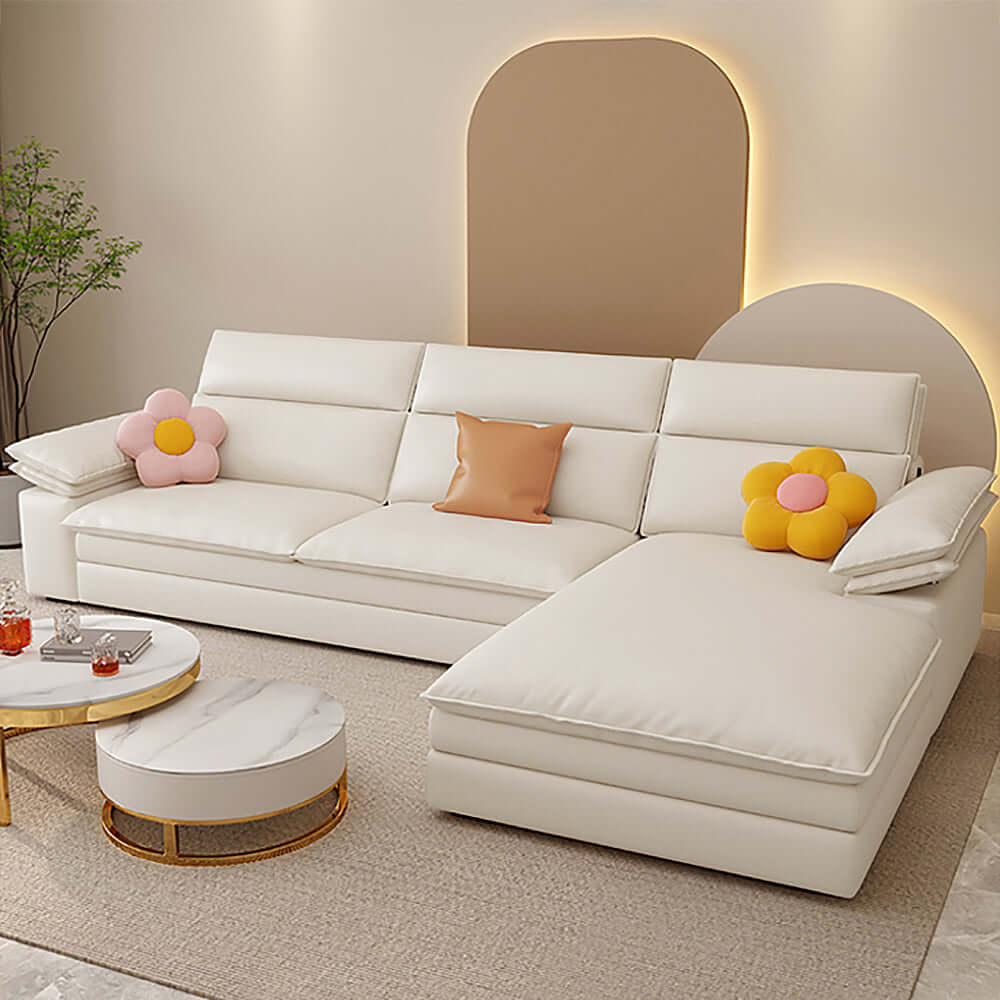 Sofá modular reversible con sofá cama y chaise longue de cuero crema, con cama deslizante oculta tamaño queen