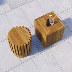 2-piece outdoor coffee table set in natural teak wood with modern round & rectangle shapes