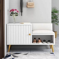 Contemporary white shoe storage bench with cabinet and shelf for hallway organization