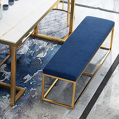 Blue velvet bedroom bench with gold metal frame, modern and stylish furniture for home decor