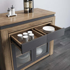 Contemporary walnut and gray dining set with extendable table, 4 chairs, and stylish storage sideboard