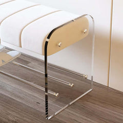 Chic white velvet bench with acrylic base for modern entryway decor