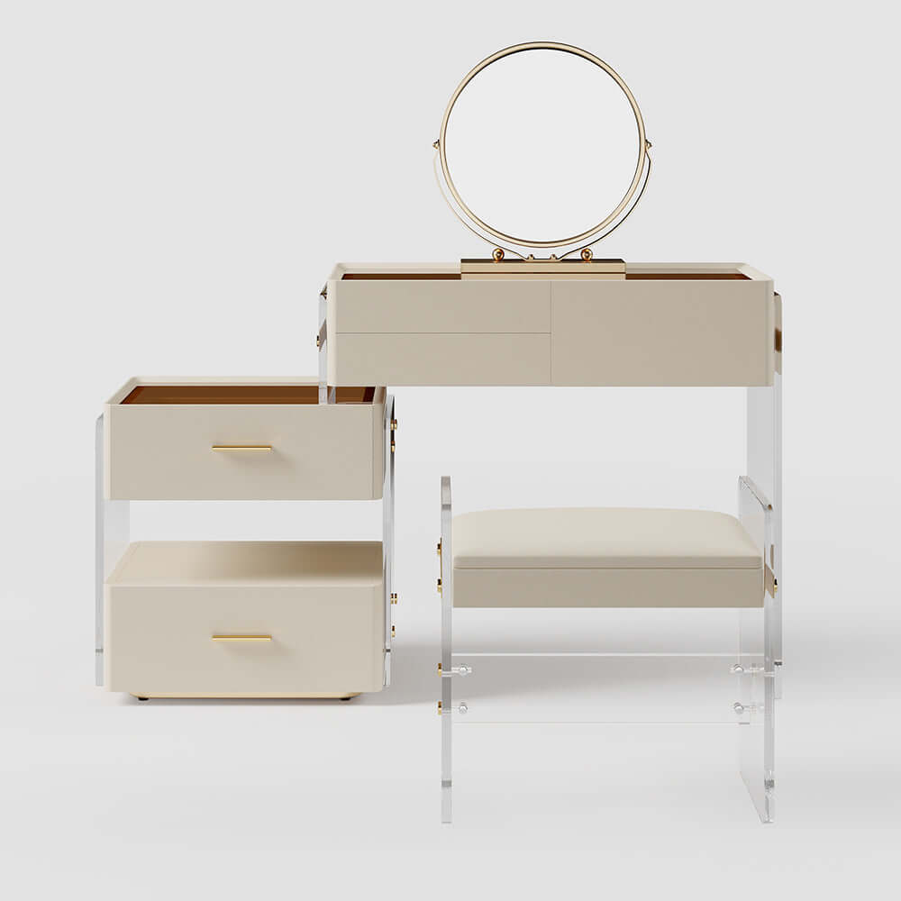 Modern white vanity with extendable mirror, acrylic stool & drawers for makeup