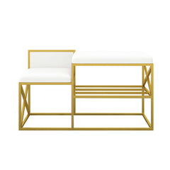 Sleek modern white upholstered entryway bench with gold legs