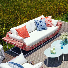 94.5 inch wide modern aluminum and rattan outdoor patio sofa with cushion in white and orange