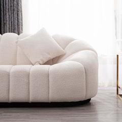 Minimalist 83 inch oval boucle white cushioned three-seater settee