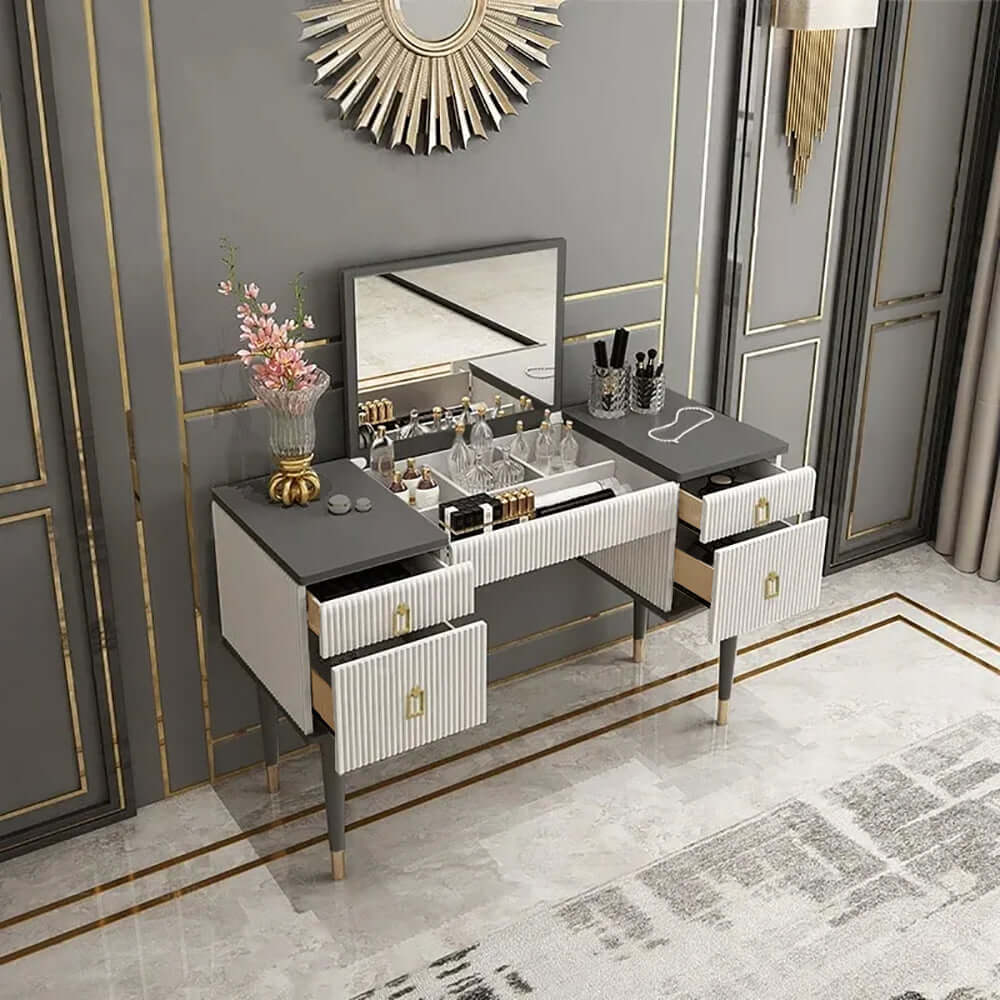 White & Gray Makeup Vanity Table with Flip Top Mirror, 4 Drawers, and Comfortable Chair for Beauty Routine