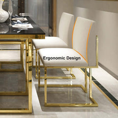 Elegant set of 2 dining chairs with white linen upholstery and gold stainless steel legs for modern dining room