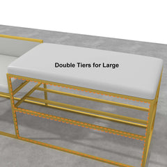 Sleek modern white upholstered entryway bench with gold legs