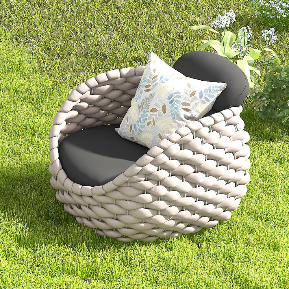 Stylish gray armchair with removable cushion, woven textilene rope design for outdoor seating