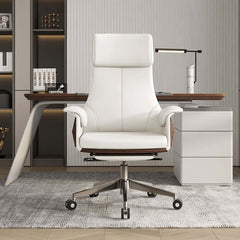 Ergonomic white leather adjustable office chair with high back for comfortable desk work