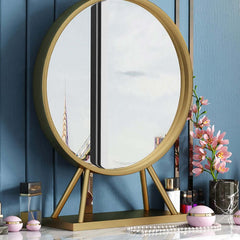 Faux marble tabletop dressing table with mirror, drawer, chair, and gold metal base