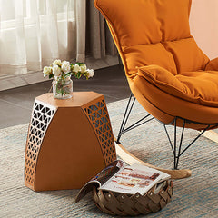 Contemporary 16" hexagon orange ottoman with leather upholstery for living room decor