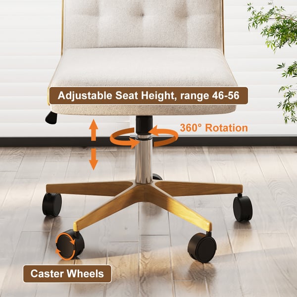 Ergonomic white swivel office chair with adjustable height and linen upholstery, armless design