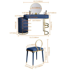 Luxurious blue makeup vanity set with side cabinet, extendable dressing table mirror & chair