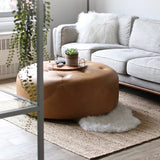 Brown 35.4''Dia Ottoman Round Stool Upholstered PU Leather Tufted Stool