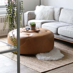 Brown 35.4 inch Diameter Ottoman Round Stool Upholstered in PU Leather Tufted Stool for Living Room Decor