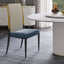 Modern white and blue dining chair with high back upholstered in luxurious velvet