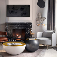 Sleek white round drum coffee table with storage space and vibrant yellow top