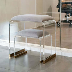 Unique gray acrylic ottoman vanity stool with clear and gold enhancements