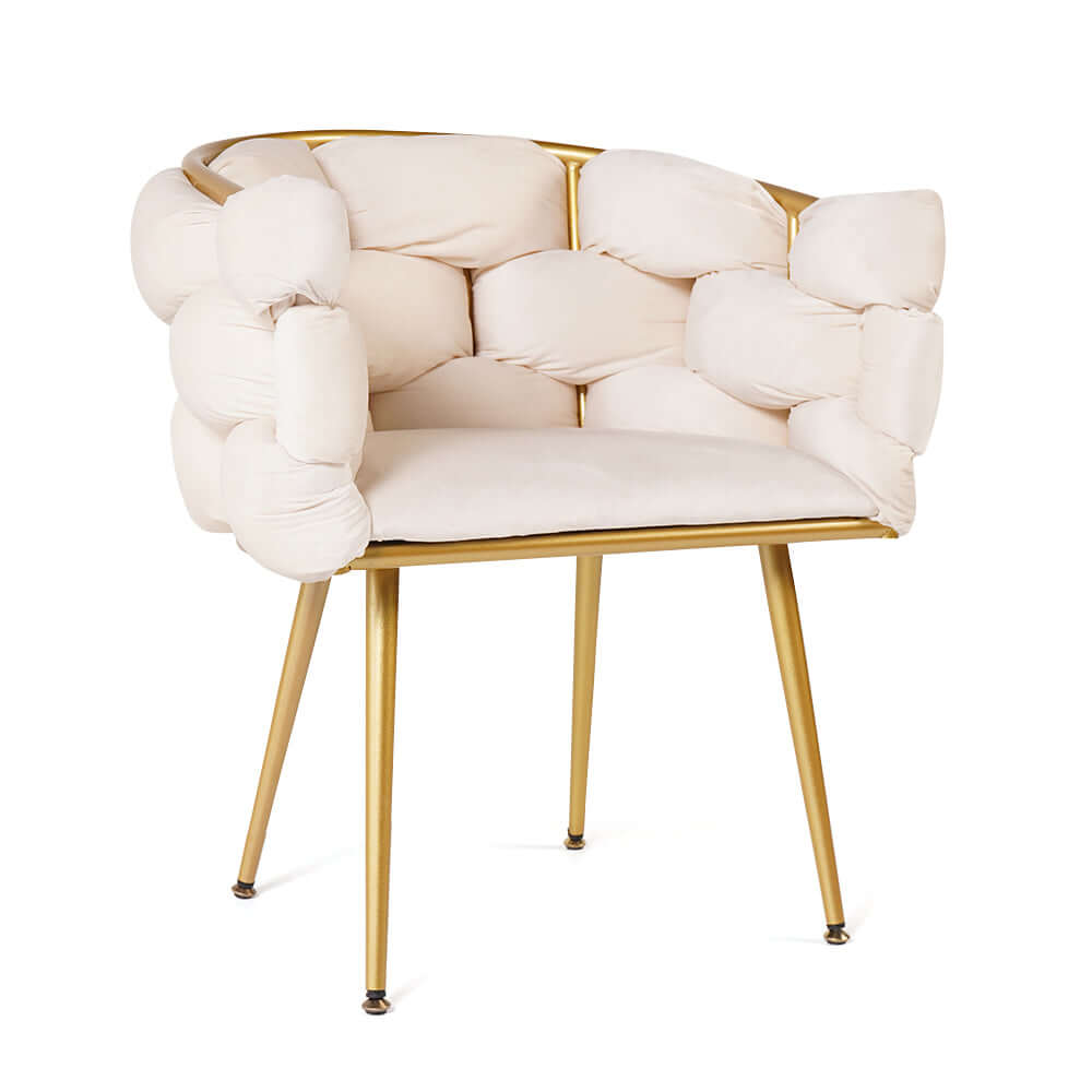 Elegant upholstered beige accent chair with gold legs and padded armrests