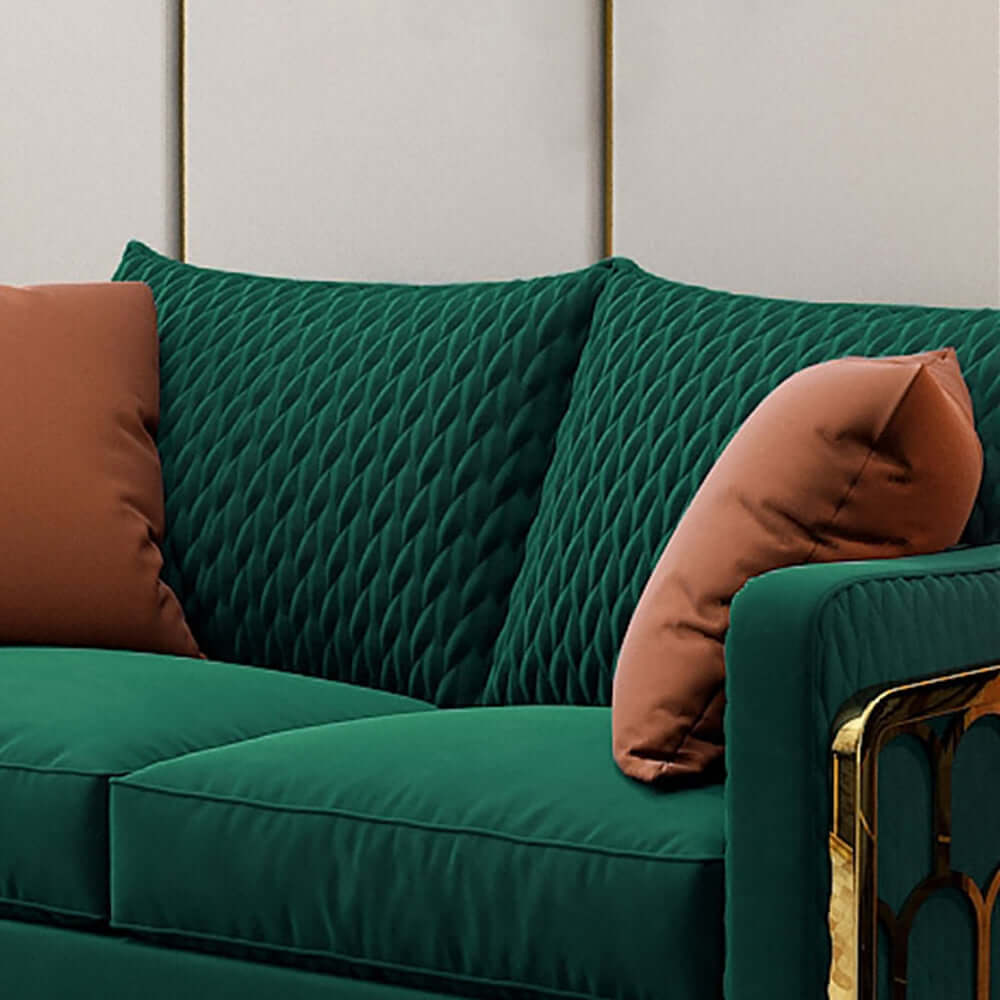 Stylish 3-seater sofa in green velvet upholstery with gold legs