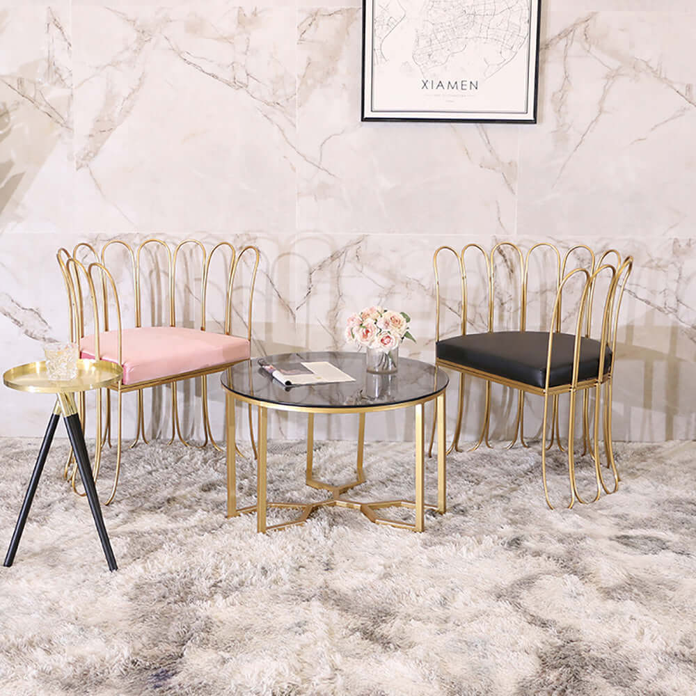 Elegant pink velvet chair with gold legs for living room decor