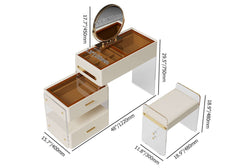 Functional white makeup vanity with extendable mirror, acrylic stool & spacious drawers