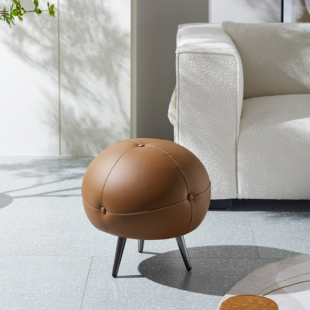 17.7''Dia Modern Round Buttoned Faux Leather Pouf Ottoman Upholstered Footstool in Brown
