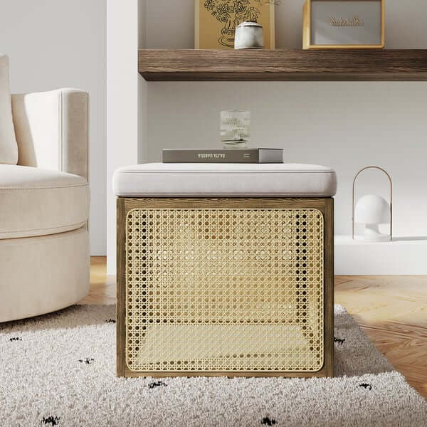 Chic Boho Rattan Ottoman mit Aufbewahrung – 18.1'' Quadratischer Fußhocker in Khaki & Natur Zweitbild
