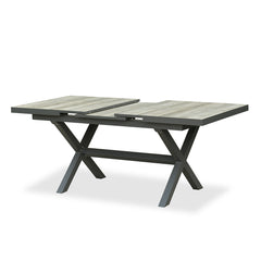 Outdoor dining set with extendable ceramic table and woven aluminum armchairs, 7 pieces