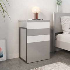 Contemporary gray makeup vanity with a foldable mirror and hidden storage for your beauty essentials