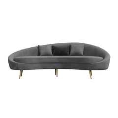 Stylish pink velvet sofa with curved design, gold metal base, and included toss pillow, 63 inch length