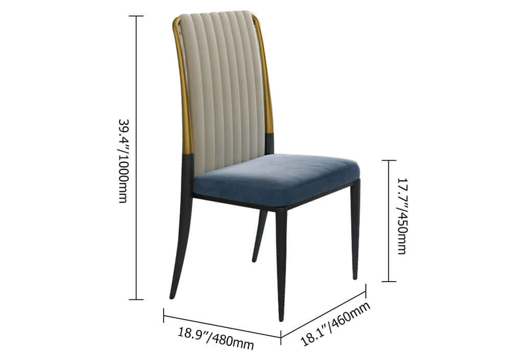 Modern high back white and blue chair upholstered in velvet for a sophisticated dining setting