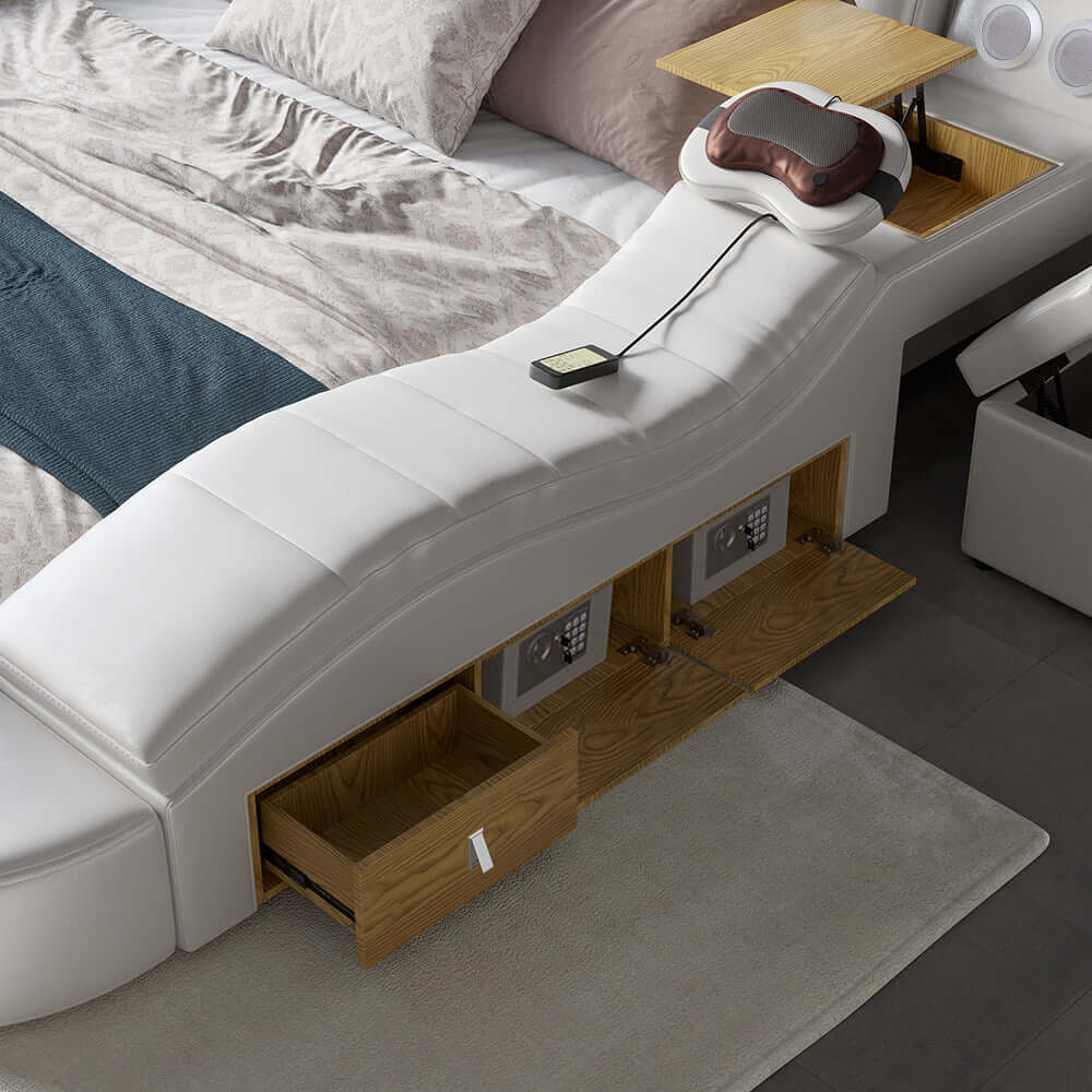 Modern White Faux Leather Bed with Smart Technology