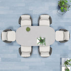 Outdoor dining set including 7 pieces, faux marble top, aluminum table, and rope woven chairs