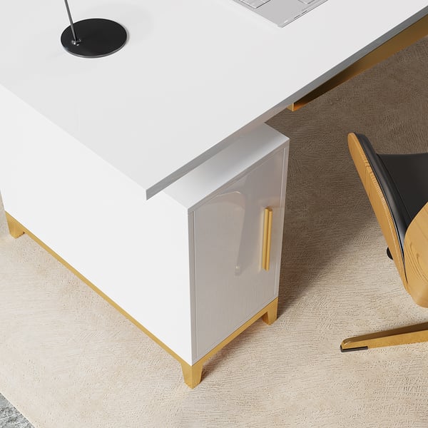 Black modern wooden executive writing desk and chair set for home office, 71 inches