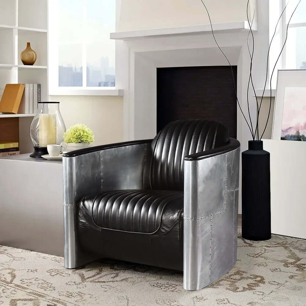 Sophisticated Industrial Loft Black Barrel Accent Chair crafted with PU Leather Upholstery
