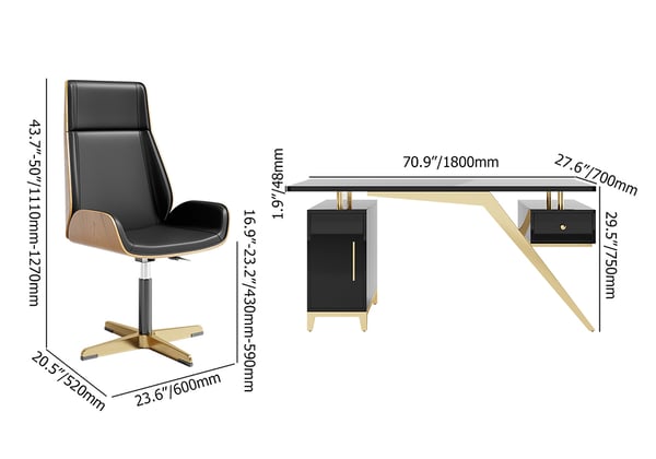 Black modern wooden executive writing desk and chair set for home office, 71 inches
