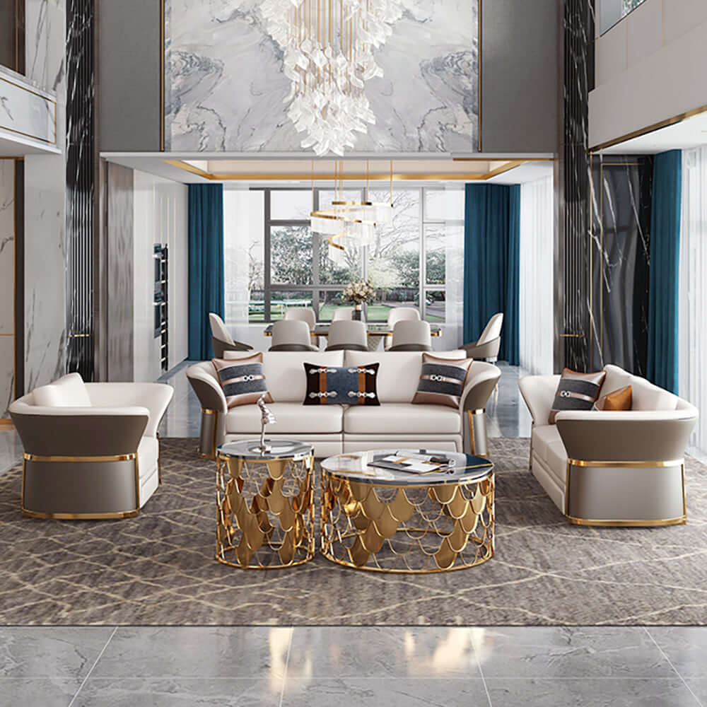 モダンな人工皮革リビングルームソファセット ブラウン＆ホワイト セットオブ3 サブ画像