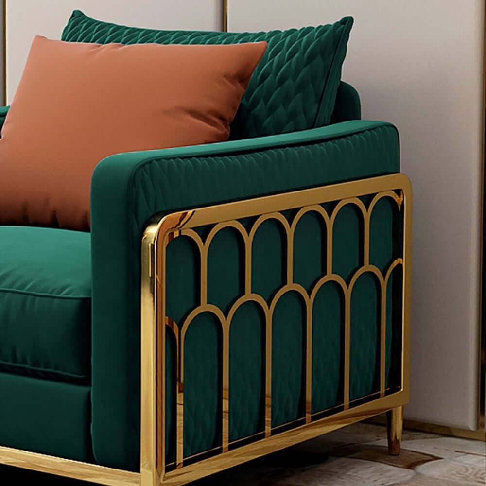 Elegant green velvet sofa with solid wood frame and luxurious gold legs