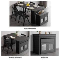 Modern extendable dining table with 4 chairs and rectangle storage sideboard in elegant walnut and gray finish