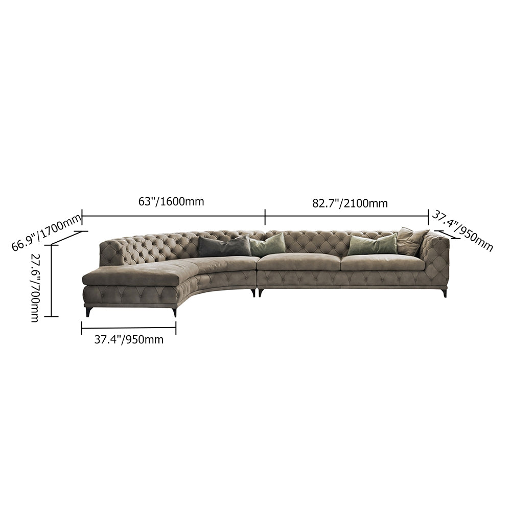 LShaped Curved Gray Sectional Sofa Upholstered Velvet Chesterfield Sofa