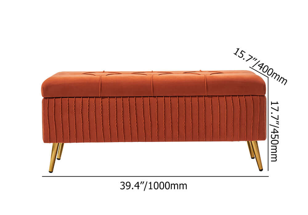 Modern upholstered storage bench in gray velvet with stylish gold legs