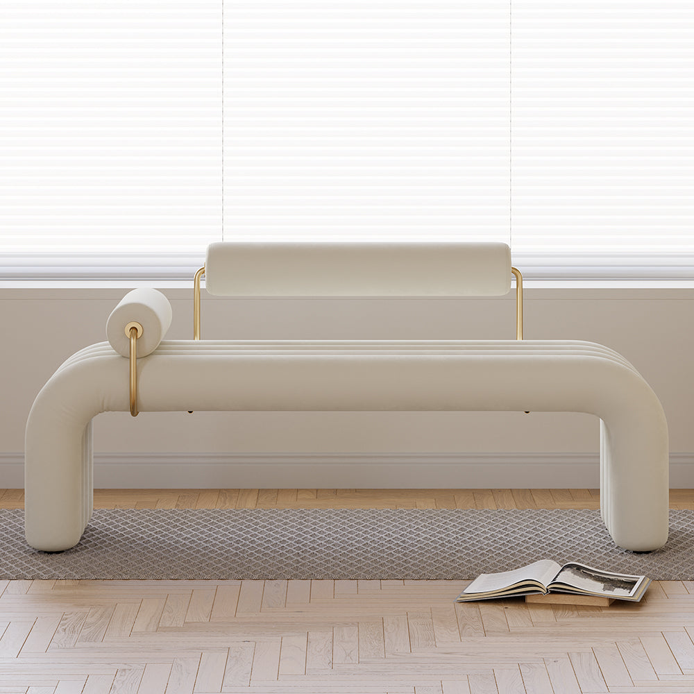 Modern White Line Tufted Bench Velvet Upholstered Entryway Bench in Gold Finish
