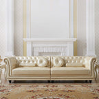 Luxurious Champagne Faux Leather Sofa with Ottoman and Seating for 4